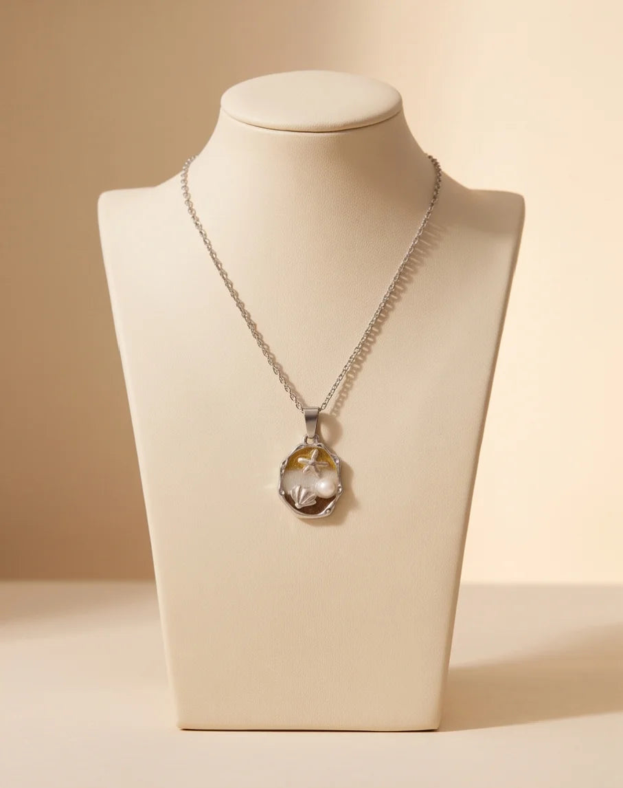 Silver Gold Seashell Starfish Pearl Enamel Medallion Chain Necklace