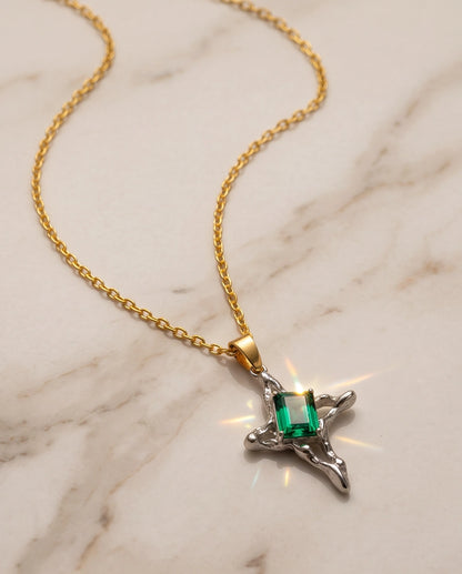 Silver Emerald Gemstone Gothic Cross Pendant Necklace