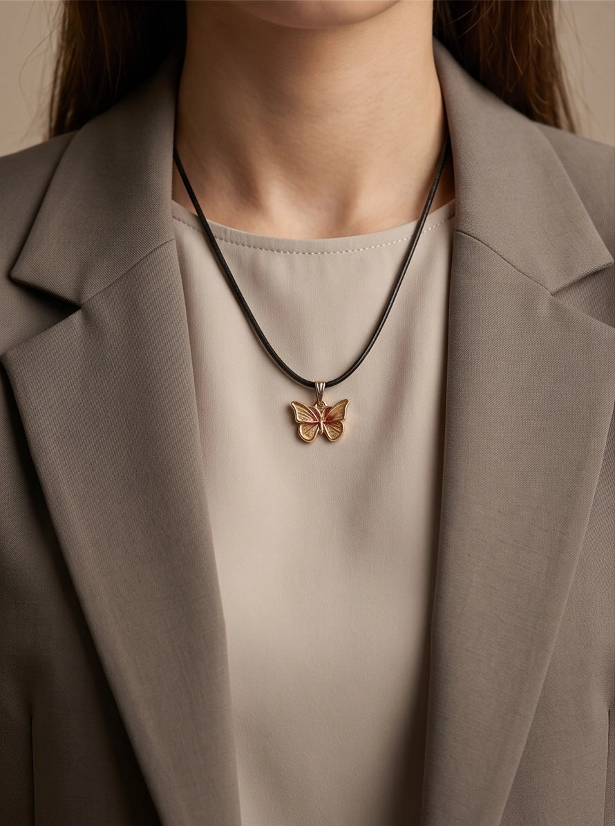 Gold & Pink Butterfly Pendant Necklace