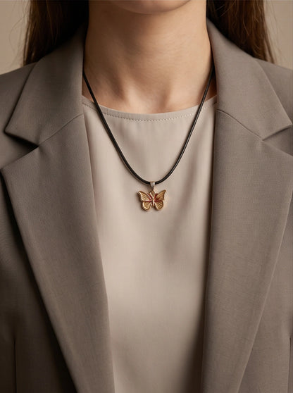 Gold & Pink Butterfly Pendant Necklace