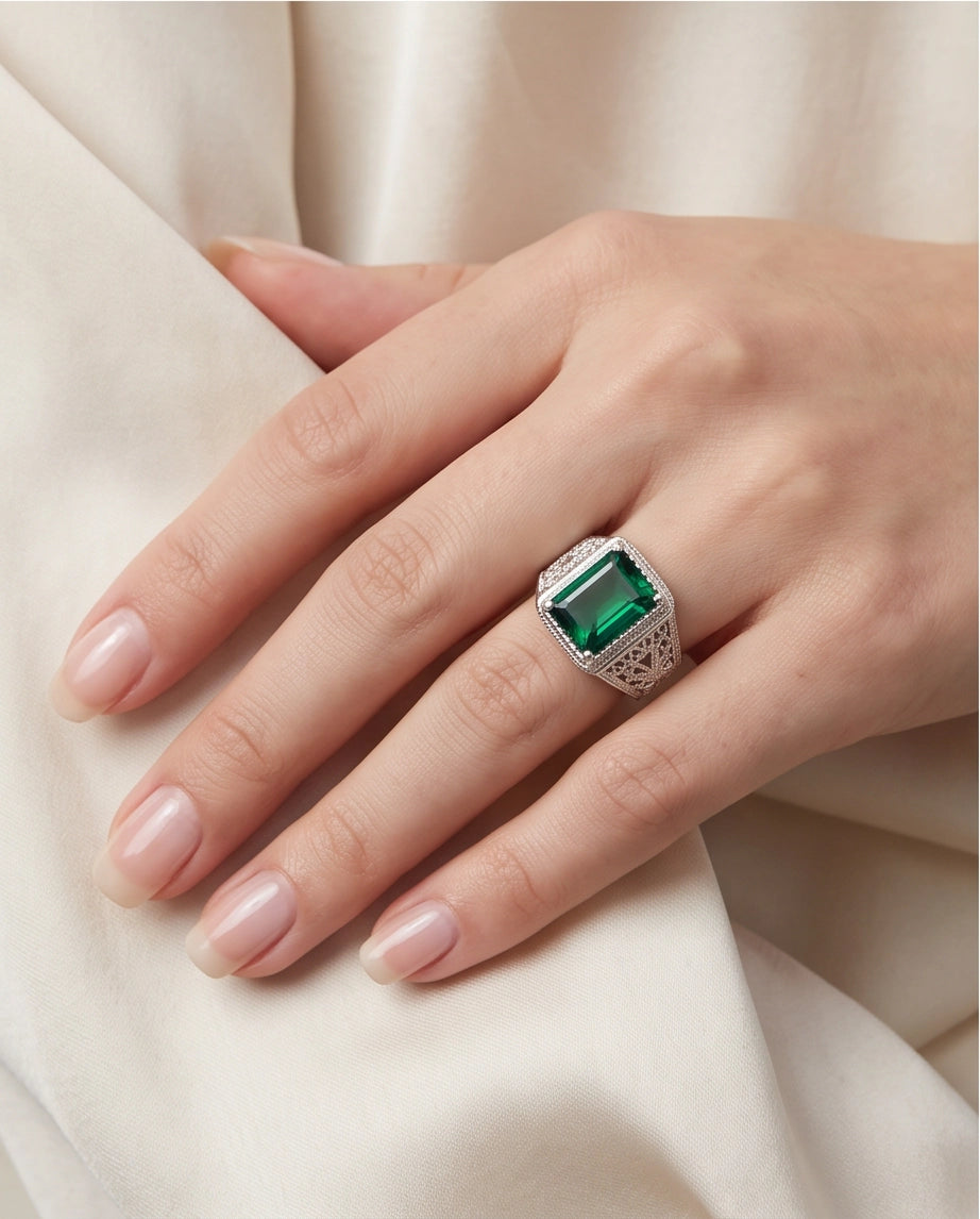 Emerald Green Emerald-Cut Gemstone Stippled Halo Silver Ring