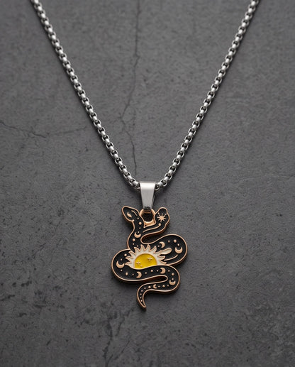 Gold Sunburst Serpent Enamel Pendant Necklace
