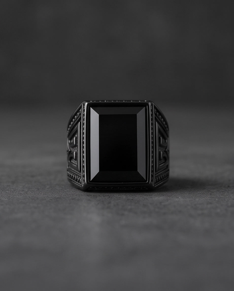 Jet Black Emerald-Cut Onyx Geometric Architectural Silver Ring