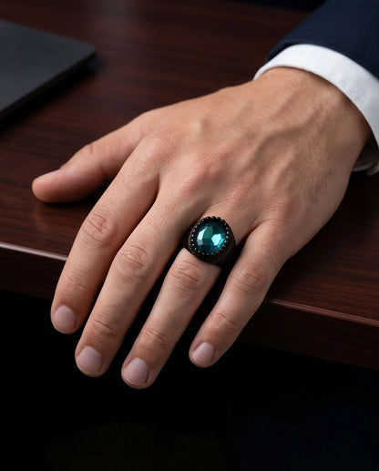 Matte Black Oval Teal Tourmaline Signet Ring