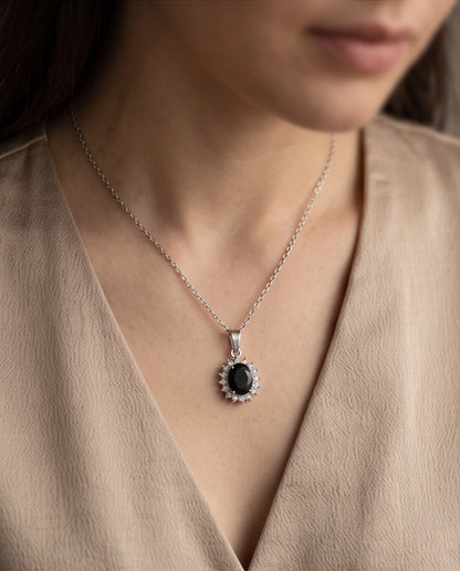 Silver Black Gem Oval Halo Medallion Pendant Necklace