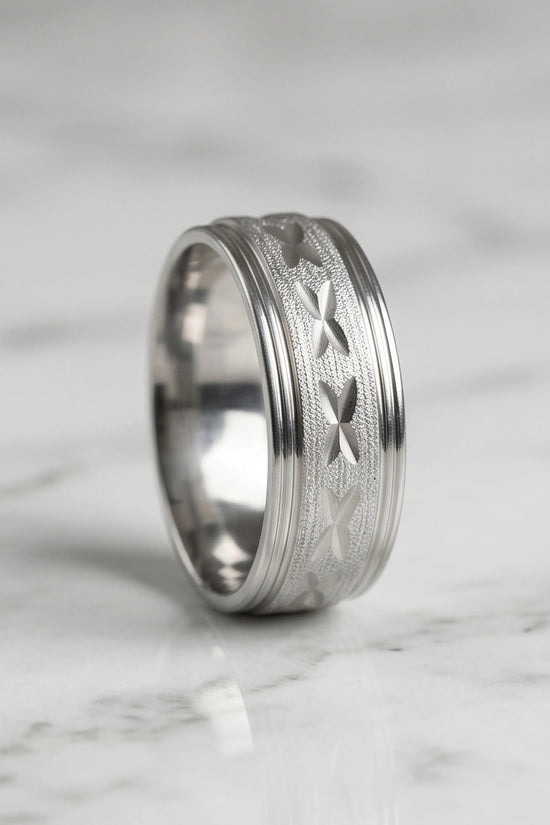 Textured Silver 'X' Engraved Band Ring