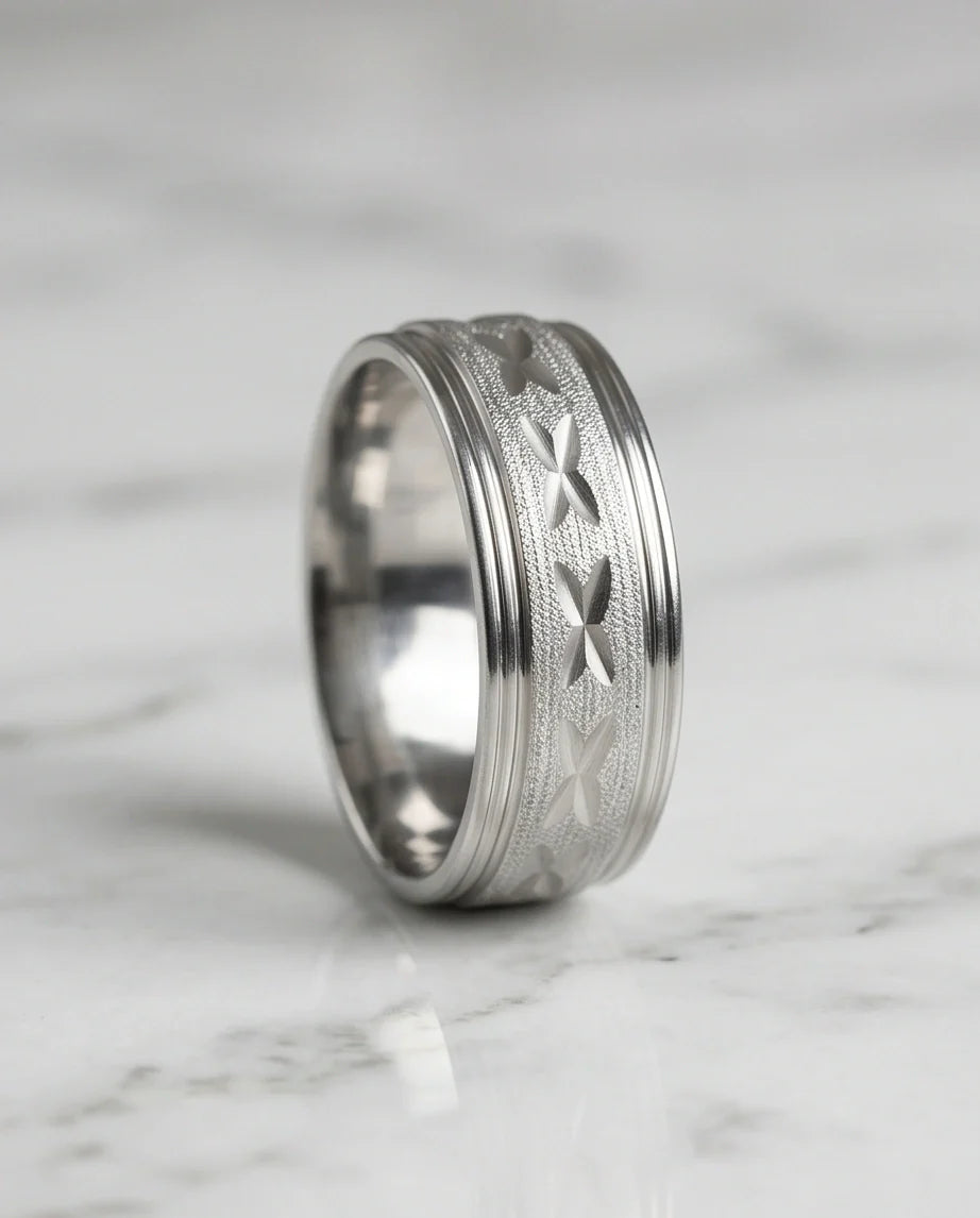 Textured Silver 'X' Engraved Band Ring