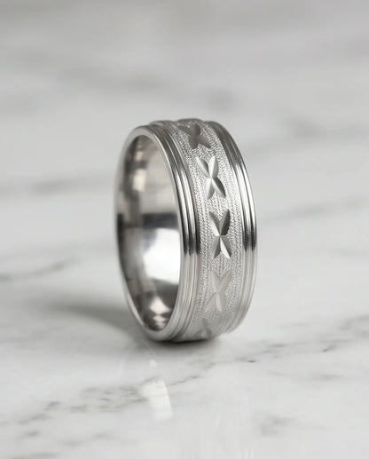 Textured Silver 'X' Engraved Band Ring