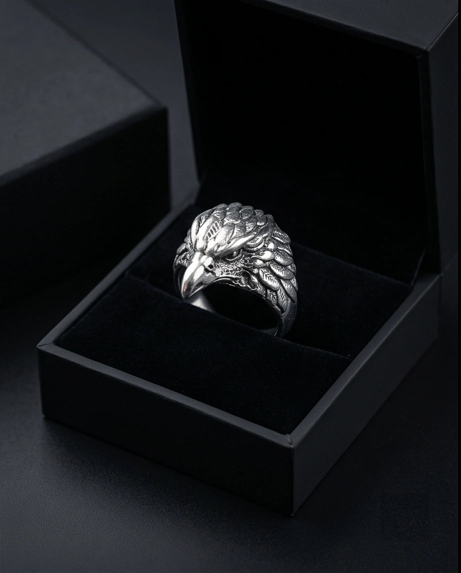 Vintage Silver Oxidized Eagle Head Biker Statement Ring