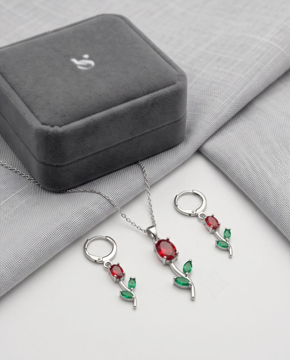 Silver Crystal Rose Necklace Set