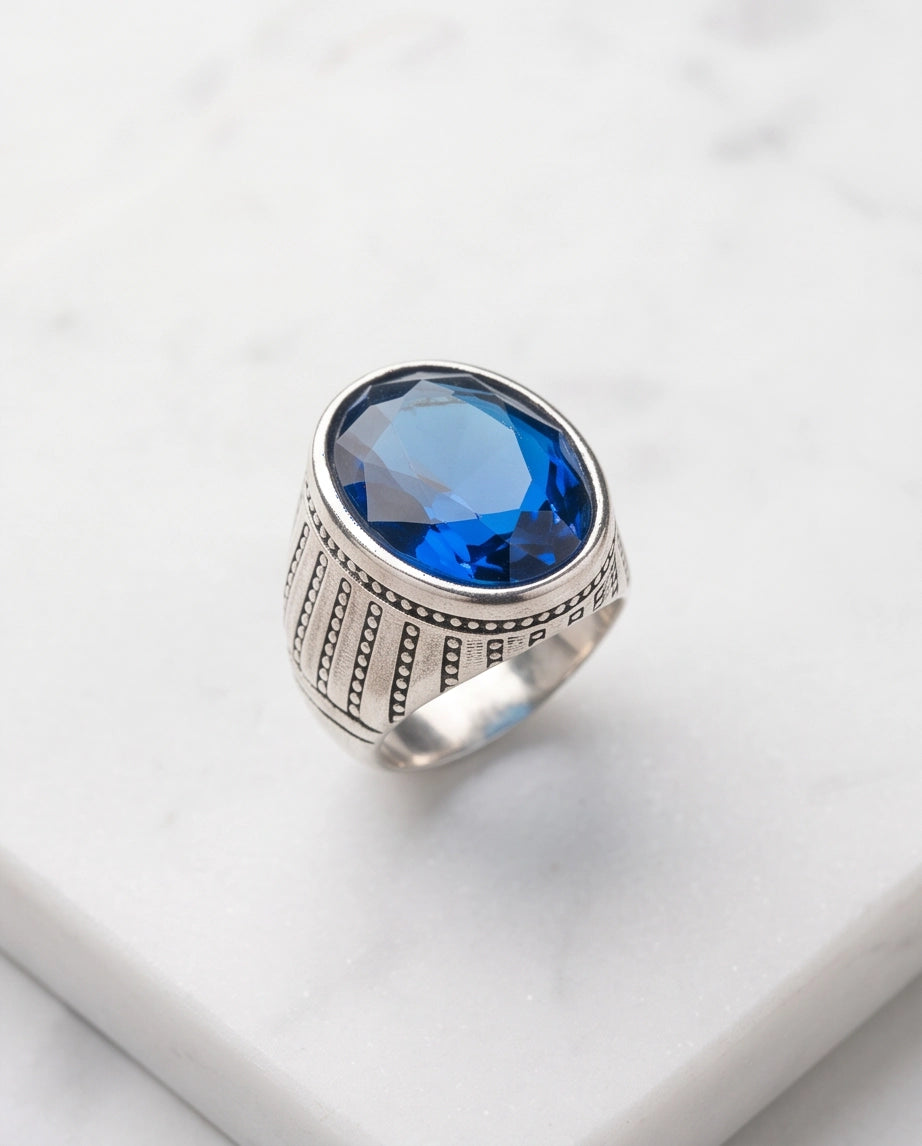 Sapphire Gemstone Beaded Surround Vertical Ribbed Silver Ring