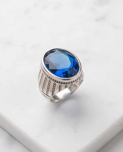 Sapphire Gemstone Beaded Surround Vertical Ribbed Silver Ring