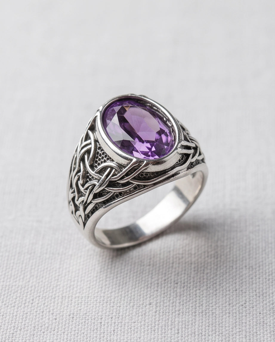 Amethyst Gemstone Celtic Knotwork Silver Ring