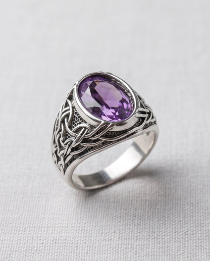 Amethyst Gemstone Celtic Knotwork Silver Ring