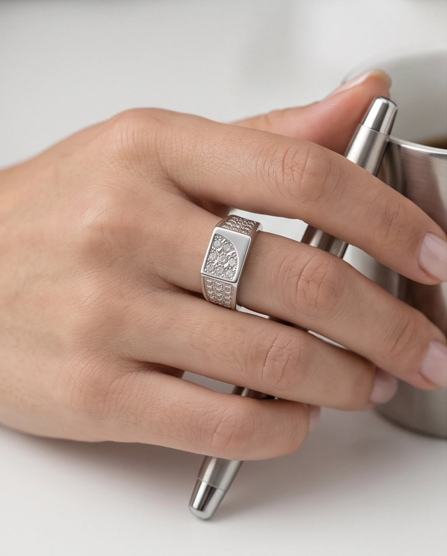 Pavé Crystal Cluster Inlay Brick-Link Band Silver Ring