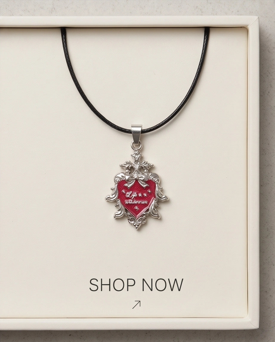 Silver Vintage Heart Engraved Red Enamel Pendant Necklace