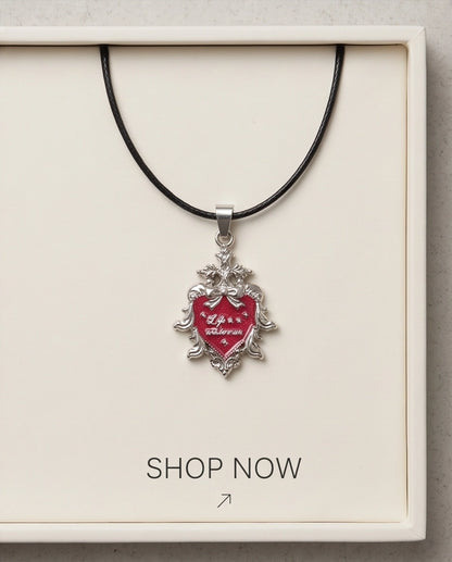 Silver Vintage Heart Engraved Red Enamel Pendant Necklace