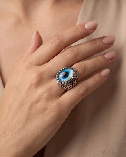 Royal Blue-Rimmed Evil Eye Cabochon Honeycomb-Band Silver Ring