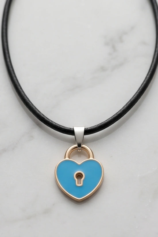 Gold and Pastel Blue Heart Lock Necklace
