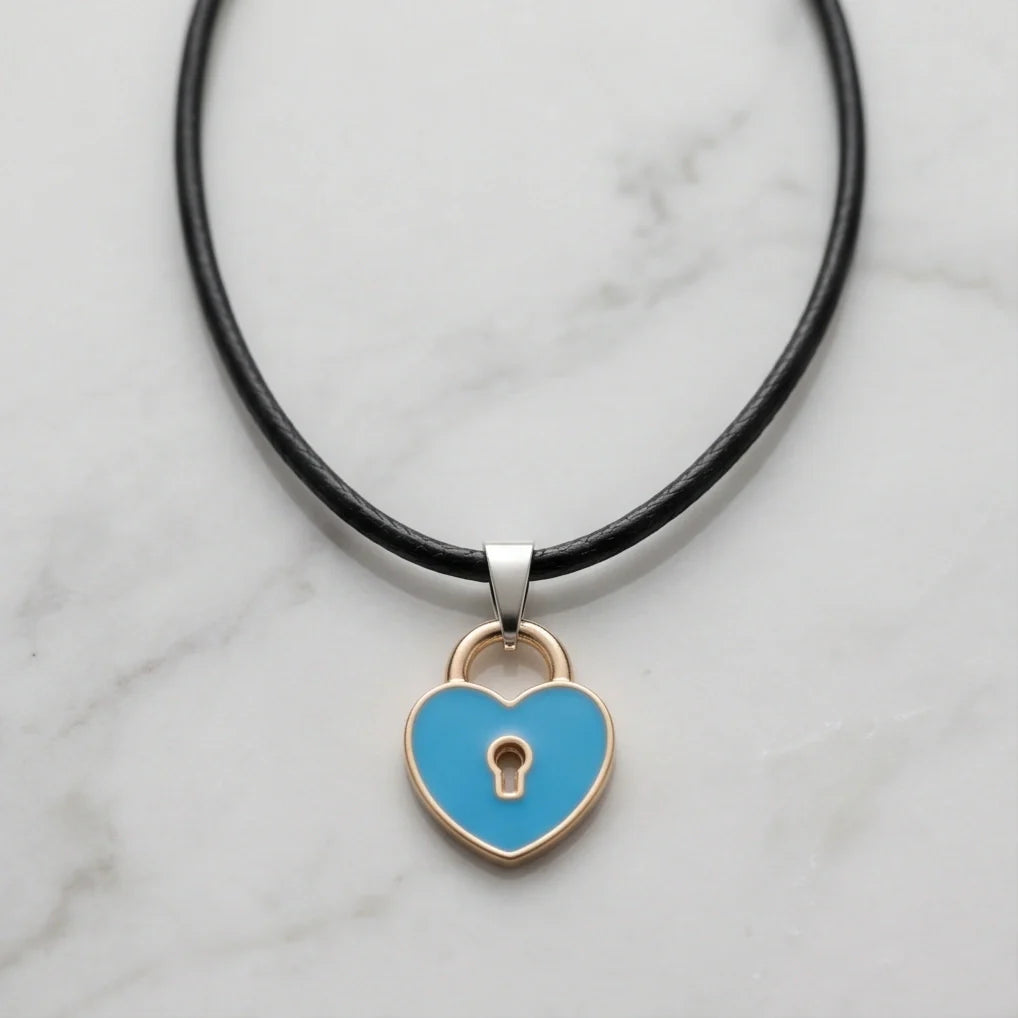 Gold and Pastel Blue Heart Lock Necklace