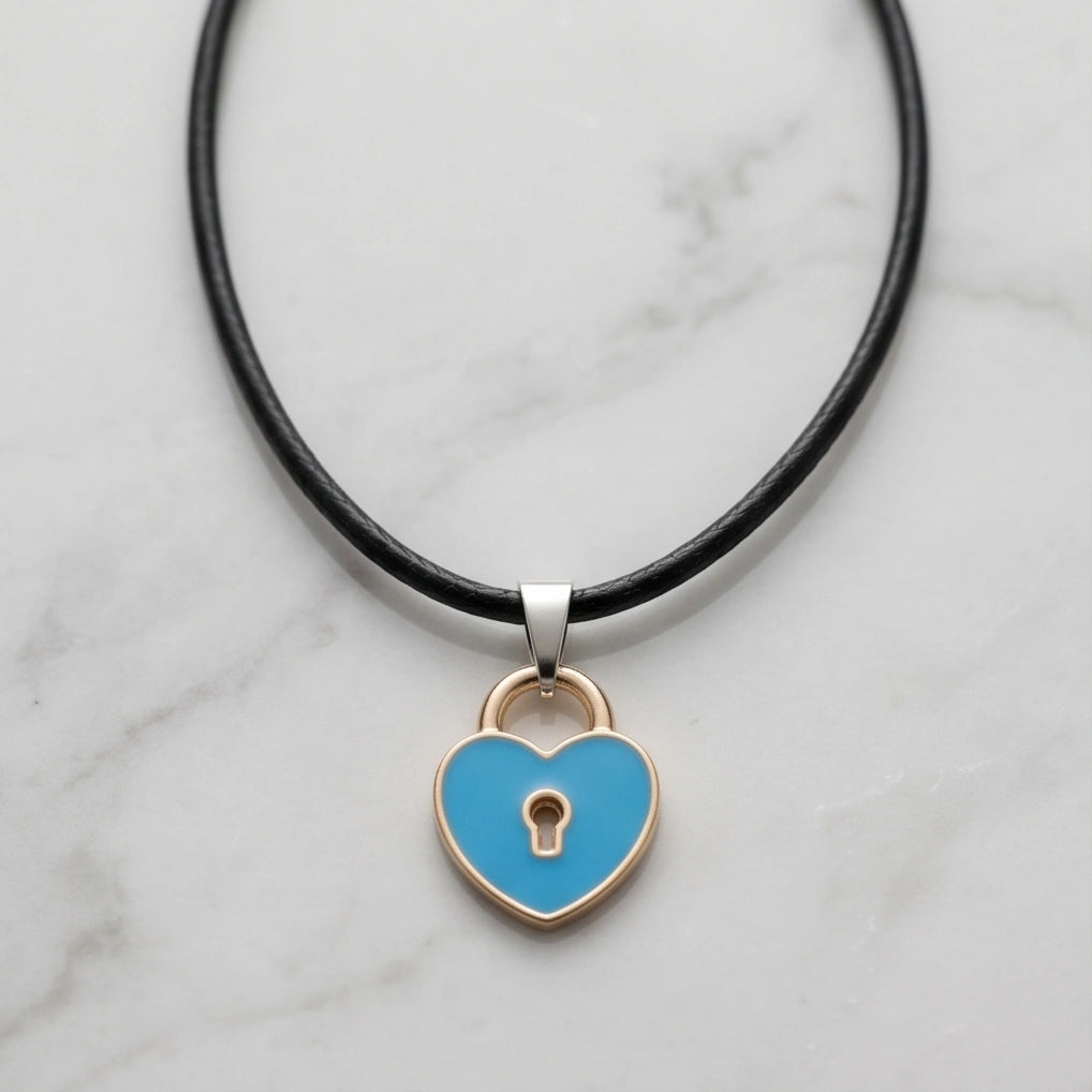 Gold and Pastel Blue Heart Lock Necklace