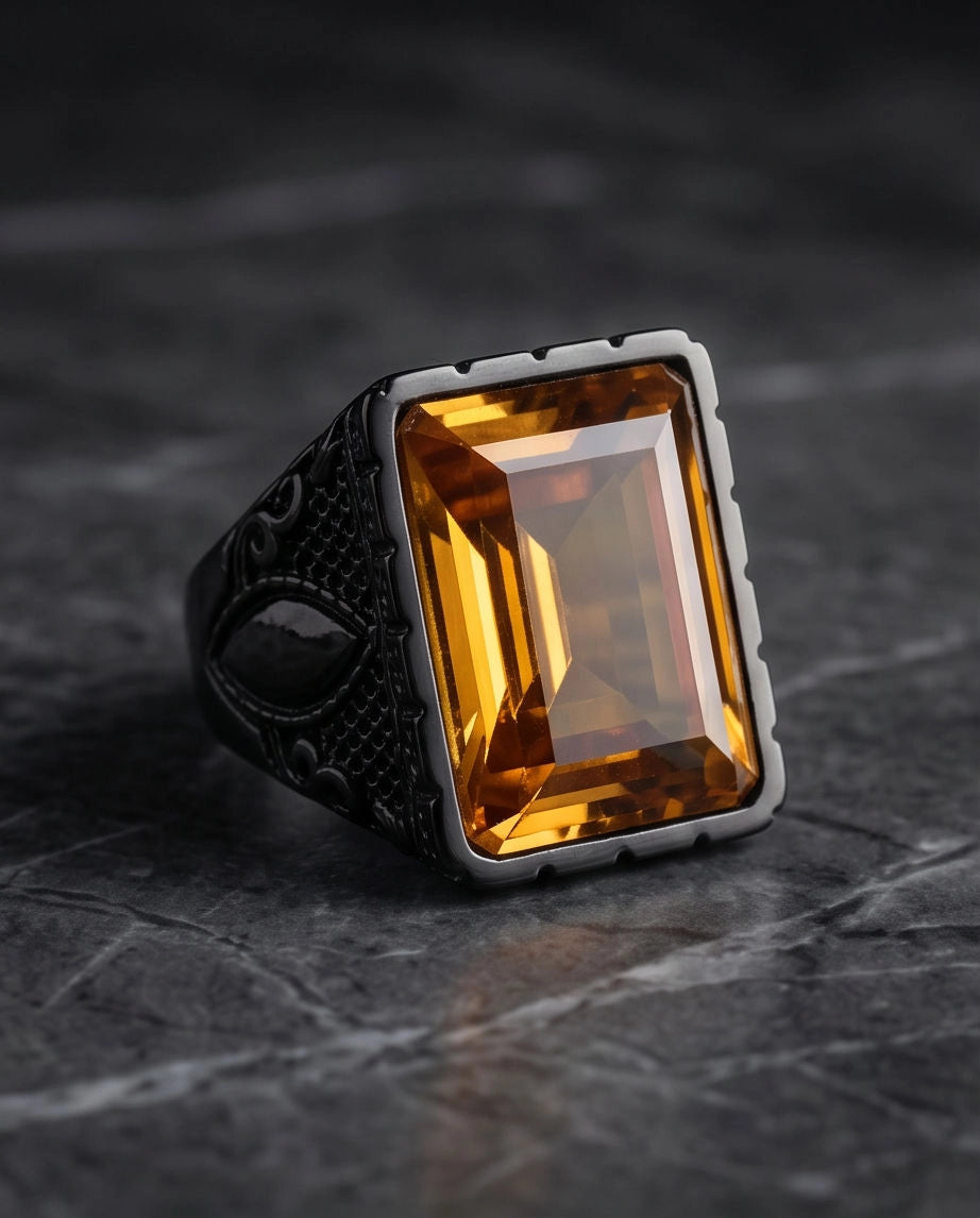 Matte Black Emerald-Cut Amber Citrine Signet Ring