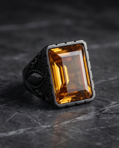 Matte Black Emerald-Cut Amber Citrine Signet Ring