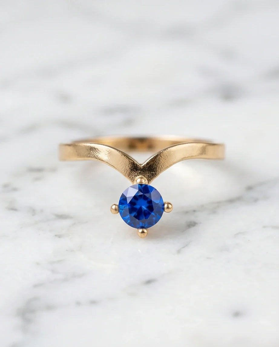 Gold Plated Blue Sapphire Droplet Chevron Ring