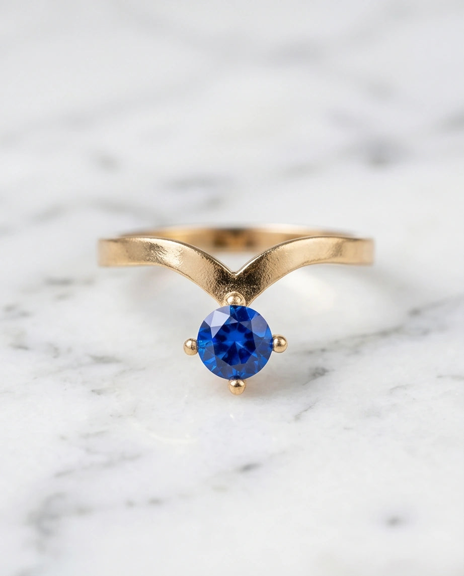 Gold Plated Blue Sapphire Droplet Chevron Ring
