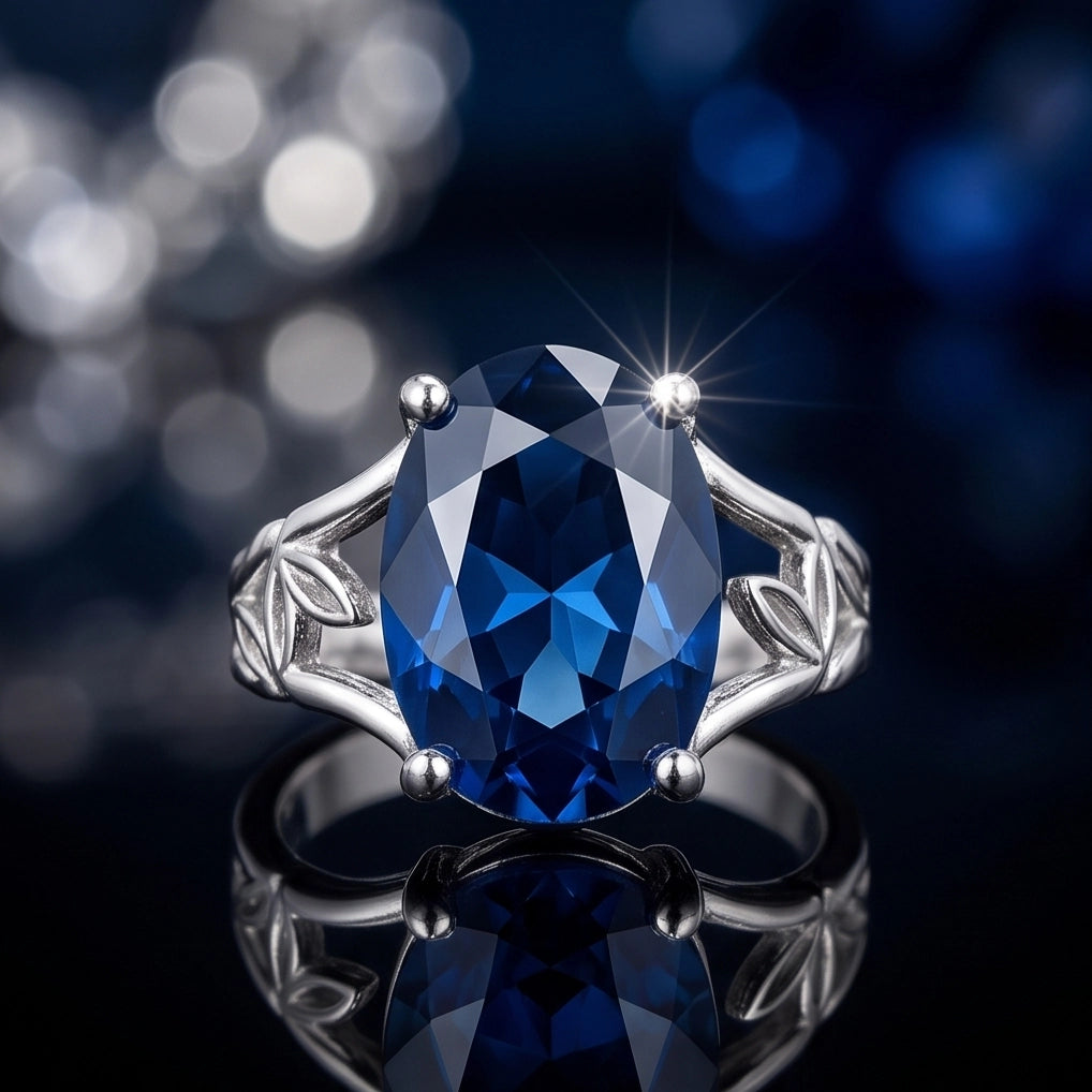 Silver Oval Sapphire Botanical Solitaire Ring