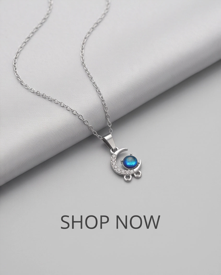 Silver Crystal Crescent Moon & Cosmic Blue Stone Pendant Necklace