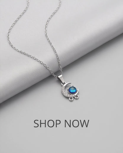 Silver Crystal Crescent Moon & Cosmic Blue Stone Pendant Necklace