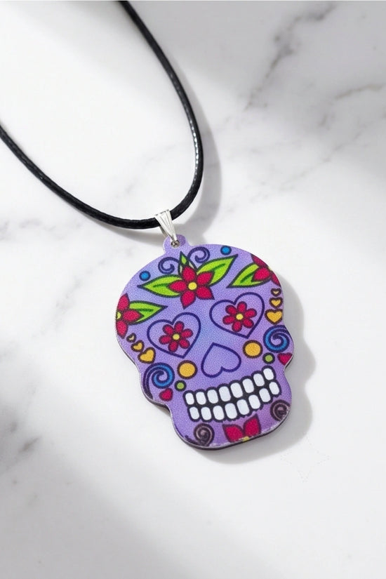 Vibrant Purple Sugar Skull Día de los Muertos Pendant Necklace