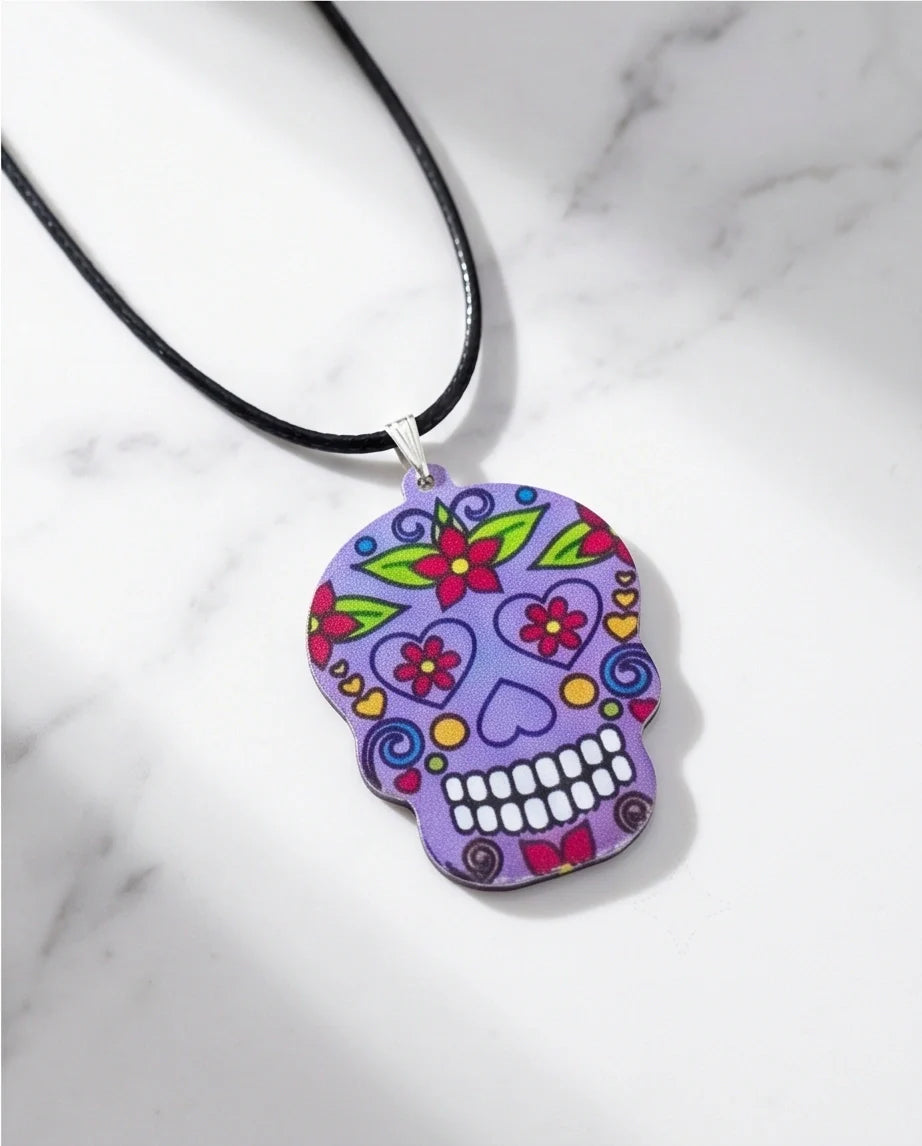 Vibrant Purple Sugar Skull Día de los Muertos Pendant Necklace