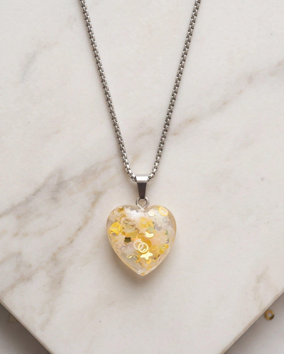 Silver Sunshine Yellow Glitter Heart Resin Pendant Necklace