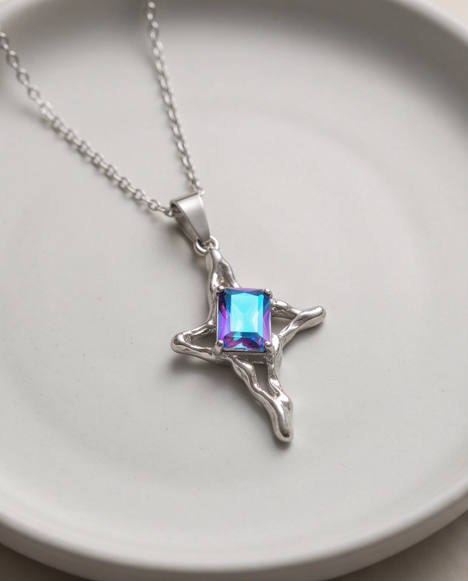 Silver Blue-Purple Gemstone Gothic Cross Pendant Necklace