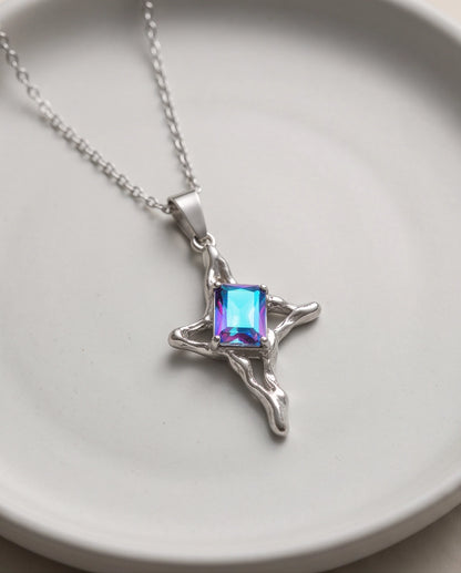 Silver Blue-Purple Gemstone Gothic Cross Pendant Necklace