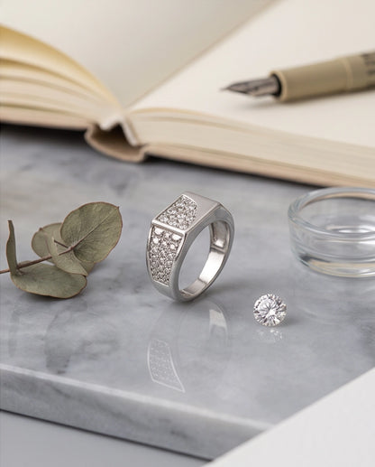 Pavé Crystal Cluster Inlay Brick-Link Band Silver Ring