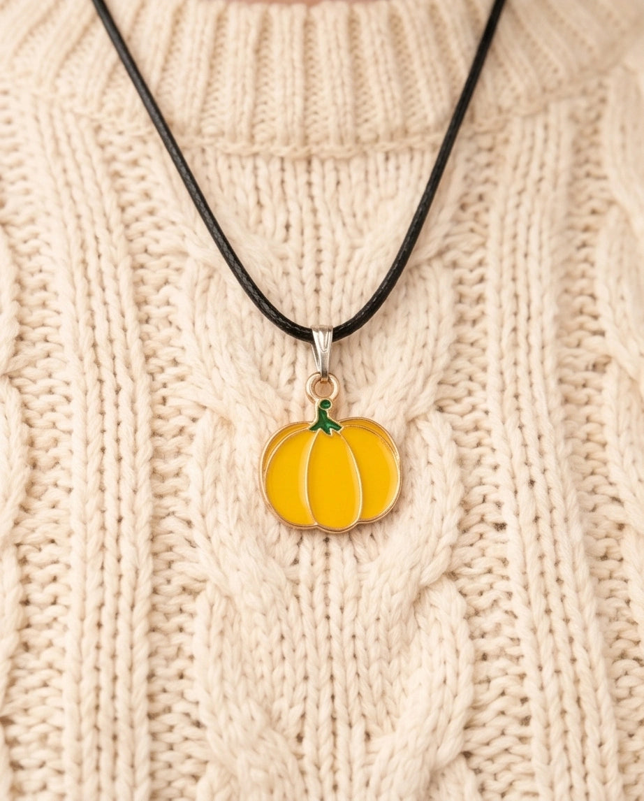 Festive Yellow Pumpkin Enamel Pendant Necklace