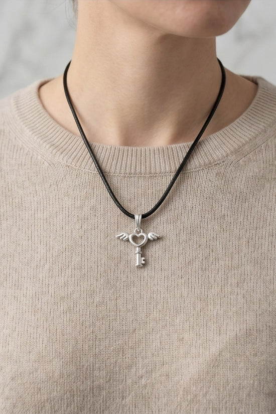 Silver Angel Wing Heart Key Necklace