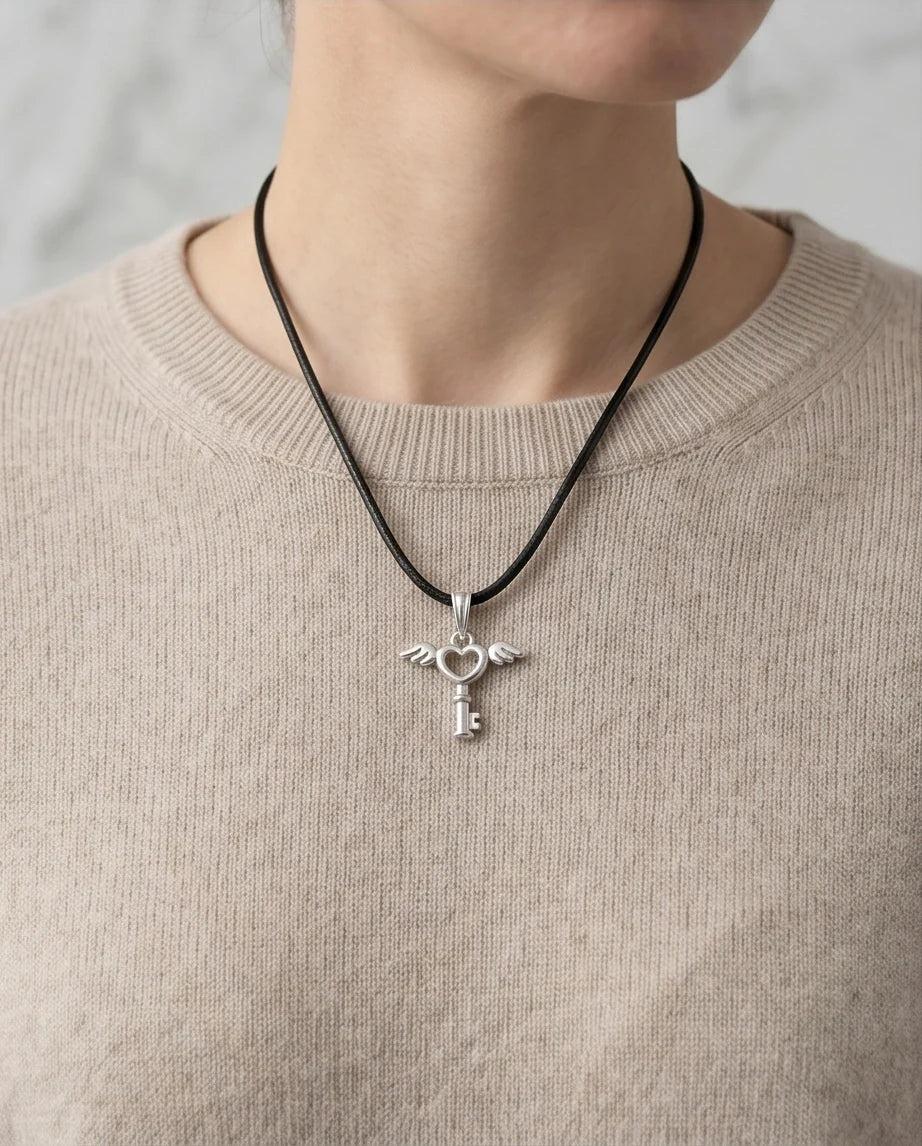 Silver Angel Wing Heart Key Necklace