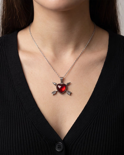Silver Crossed Arrows Red Heart Gem Pendant Necklace