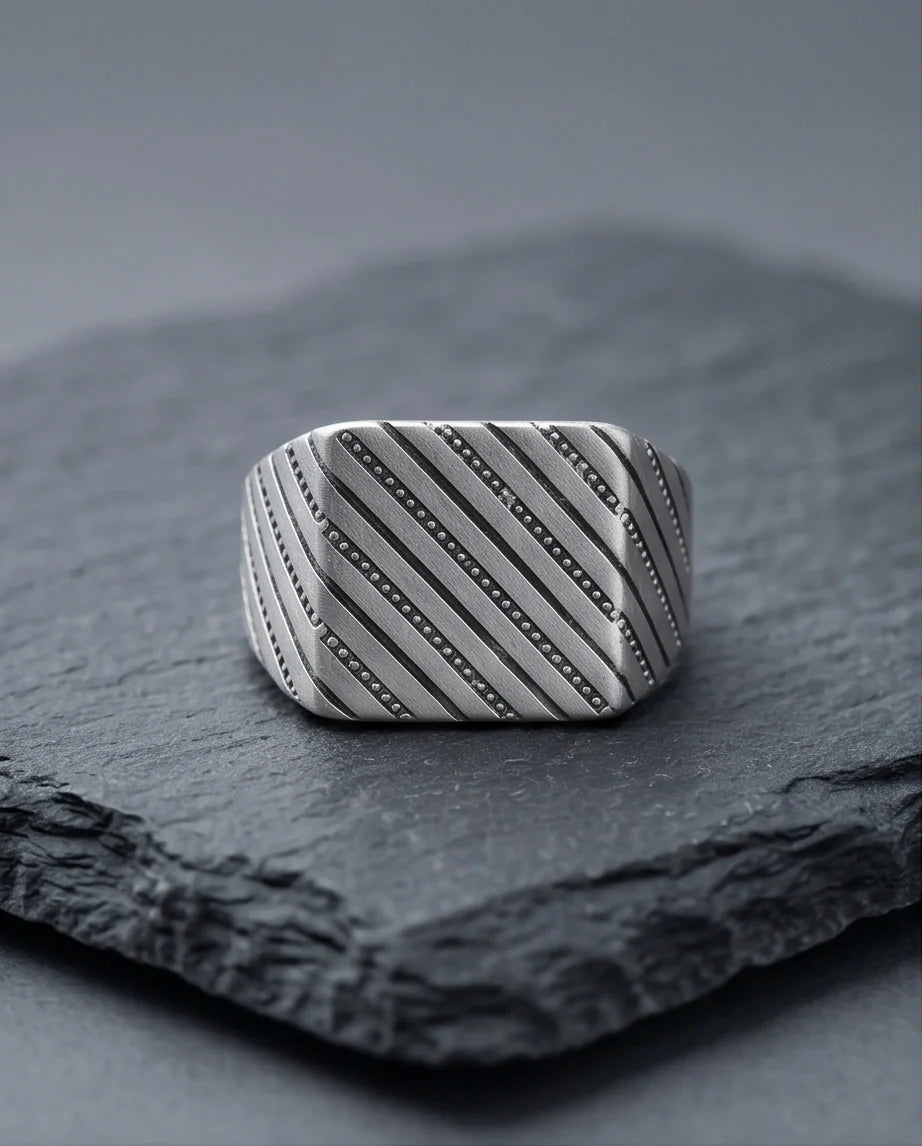 Sterling Silver Diagonal Pinstripe Geometric Signet Ring
