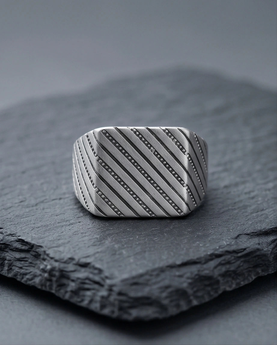 Sterling Silver Diagonal Pinstripe Geometric Signet Ring