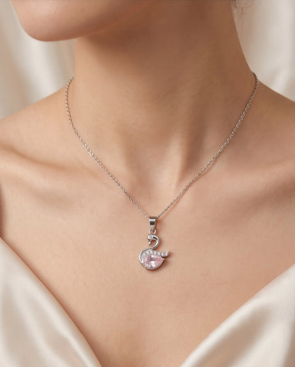 Silver Pink Crystal Swan Pendant Necklace