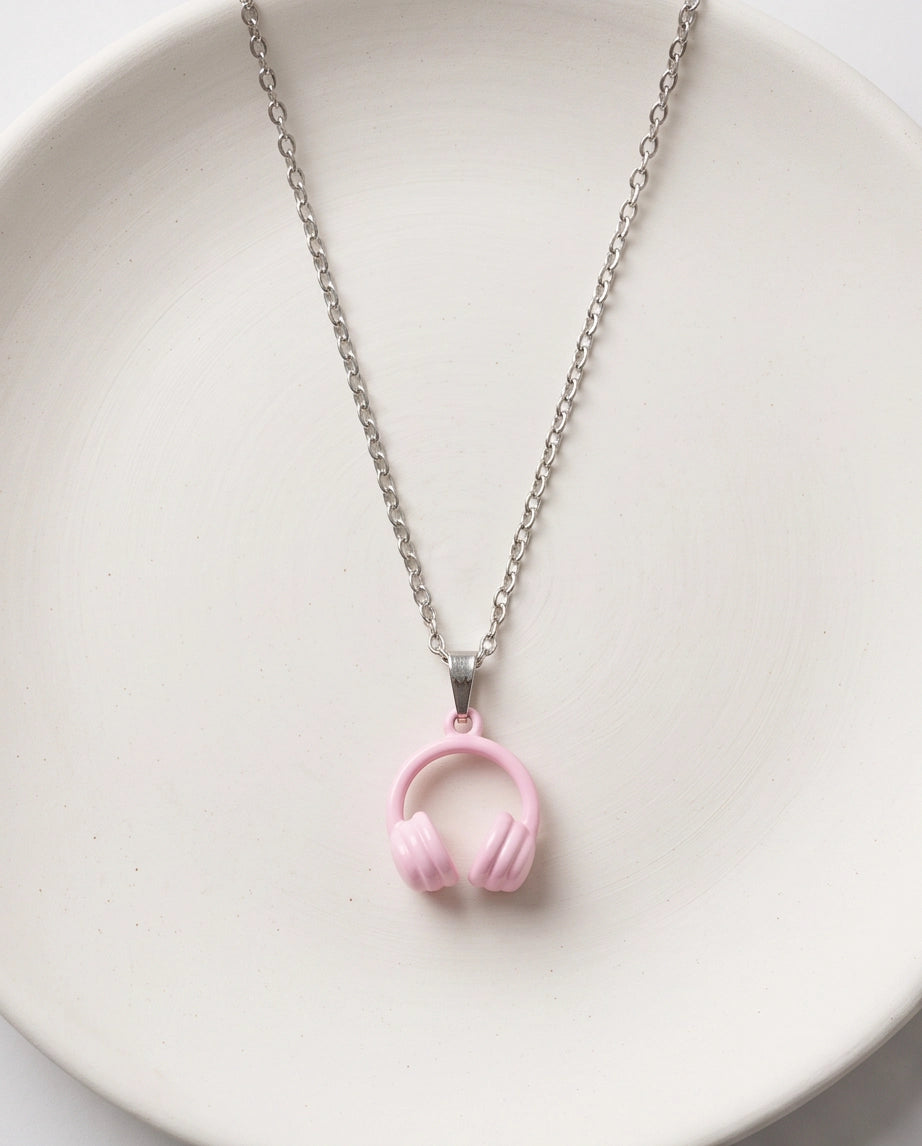 Pastel Pink Headphones Enamel Pendant Necklace
