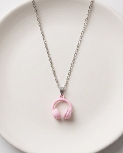 Pastel Pink Headphones Enamel Pendant Necklace
