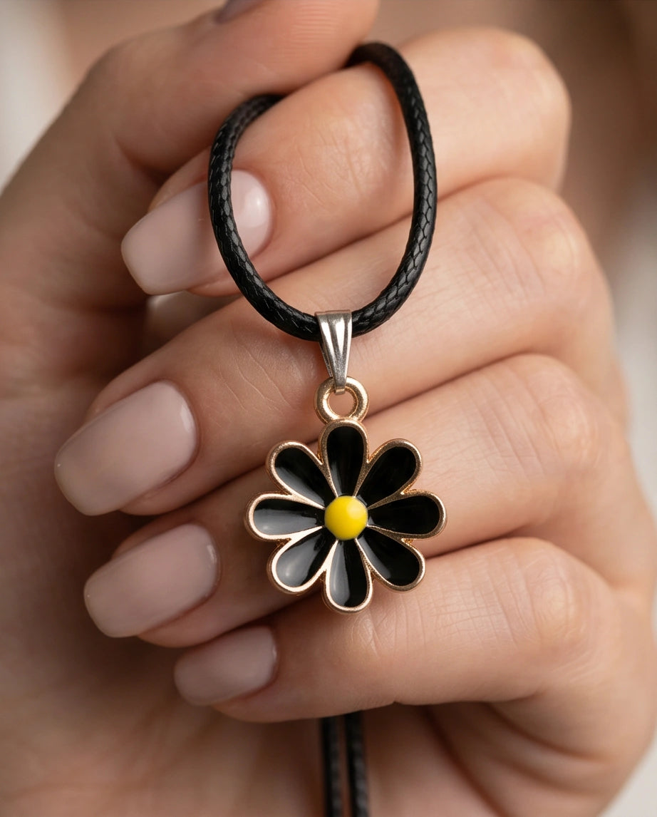 Gold and Black Daisy Pendant Necklace