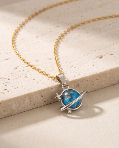 Silver Cosmic Saturn Galaxy Ring Pendant Necklace