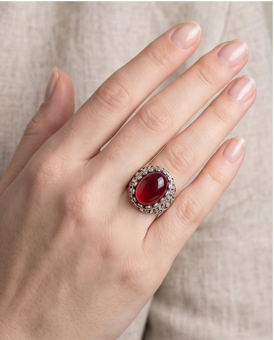 Crimson Red Oval Cabochon Ornate Leaf Scrollwork Silver Ring